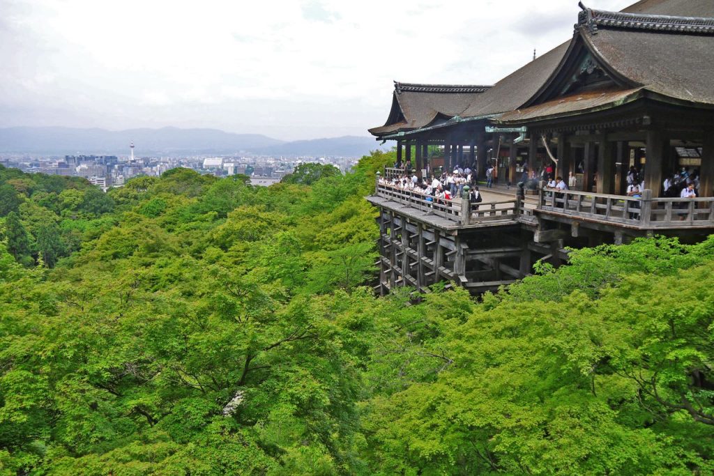 The view of the main hall of Kiyomizudera Temple and Kyoto City.  